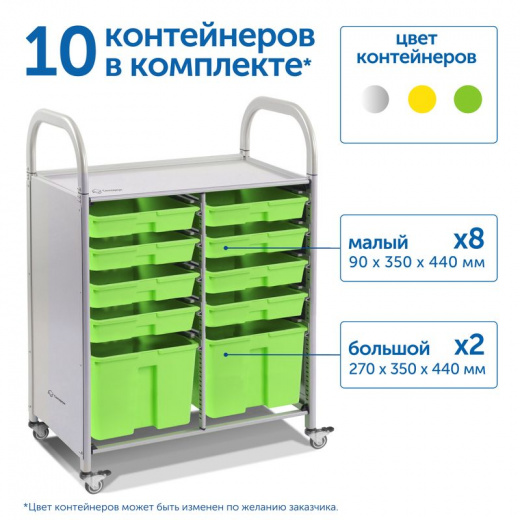 SS110M Мобильный стеллаж M с 10 контейнерами 1126х795х475 мм 8 малых, 2 больших контейнера