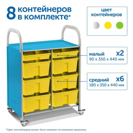 SS108M Мобильный стеллаж M с 8 контейнерами 1126х795х475 мм 2 малых, 6 средних контейнеров