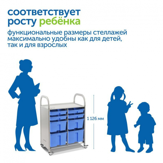 Мобильный стеллаж M с 8 контейнерами 1126х795х475 мм 4 малых, 2 средних, 2 больших контейнера