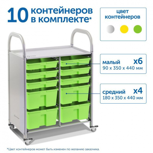 SS010M Мобильный стеллаж M с 10 контейнерами 1126х795х475 мм 6 малых, 4 средних контейнера