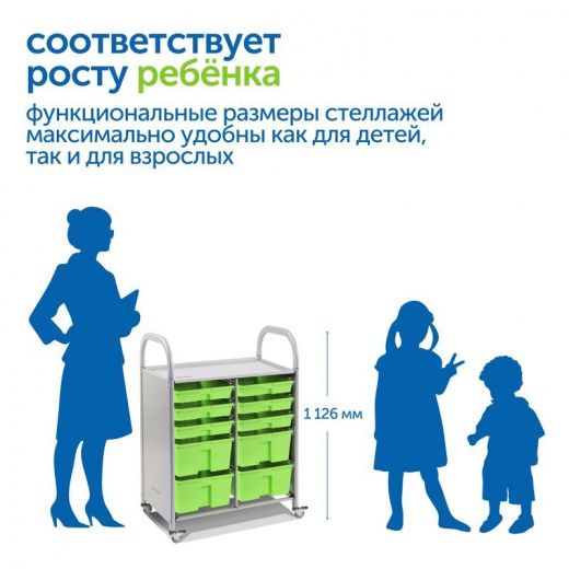 SS010M Мобильный стеллаж M с 10 контейнерами 1126х795х475 мм 6 малых, 4 средних контейнера