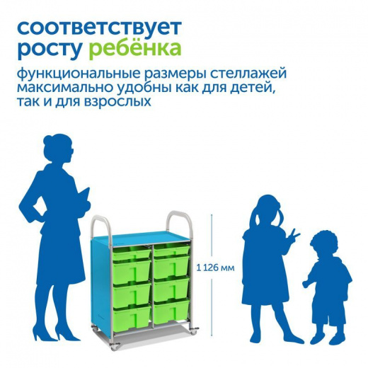 SS108M Мобильный стеллаж M с 8 контейнерами 1126х795х475 мм 2 малых, 6 средних контейнеров